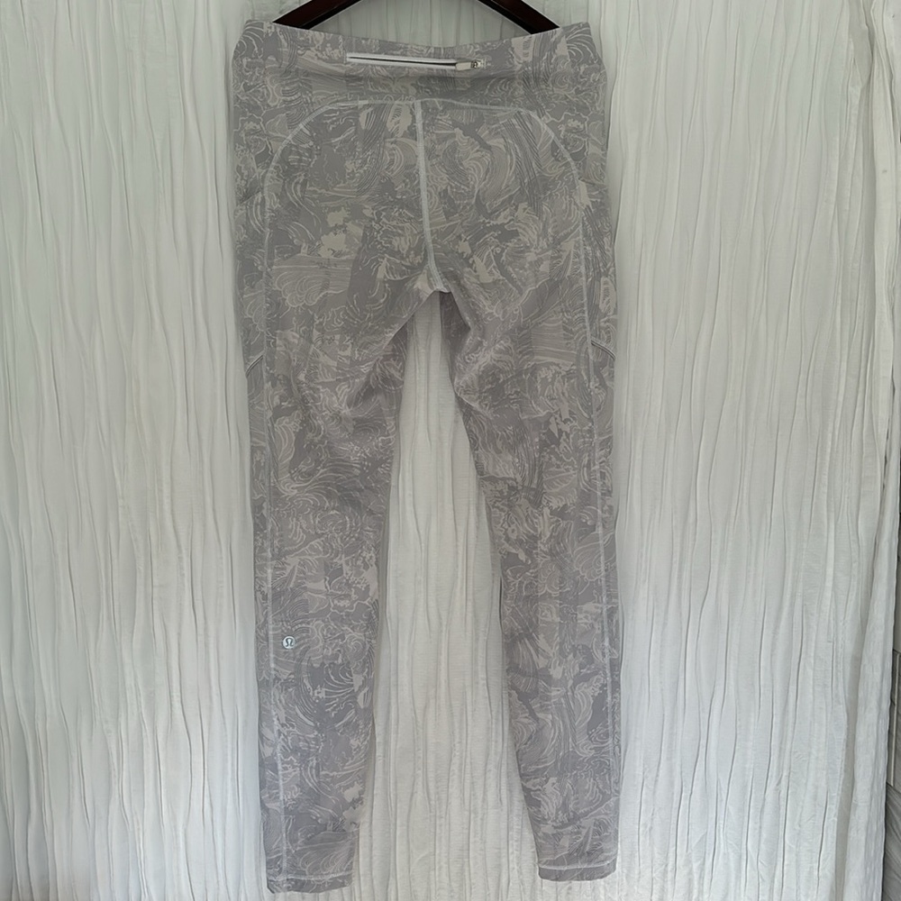 Lululemon long leggings, white with gray pattern size 8.